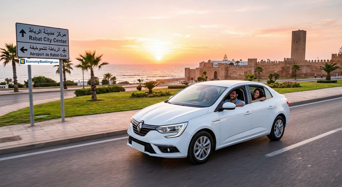 Location de voiture Renault blanche à Rabat avec des clients souriants, panneaux directionnels Centre-Ville et Aéroport de Rabat-Salé, et la Tour Hassan en arrière-plan