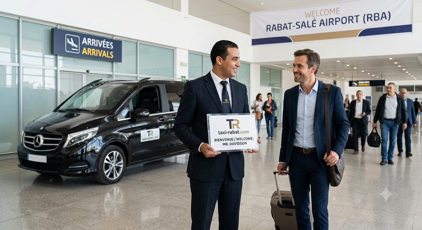 Accueil personnalisé à l'Aéroport Rabat-Salé par Taxi-Rabat.com Transfert Aéroport Rabat-Salé - Chauffeur Privé Taxi-Rabat.com avec panneau d'accueil dans le terminal d'arrivée RBA.