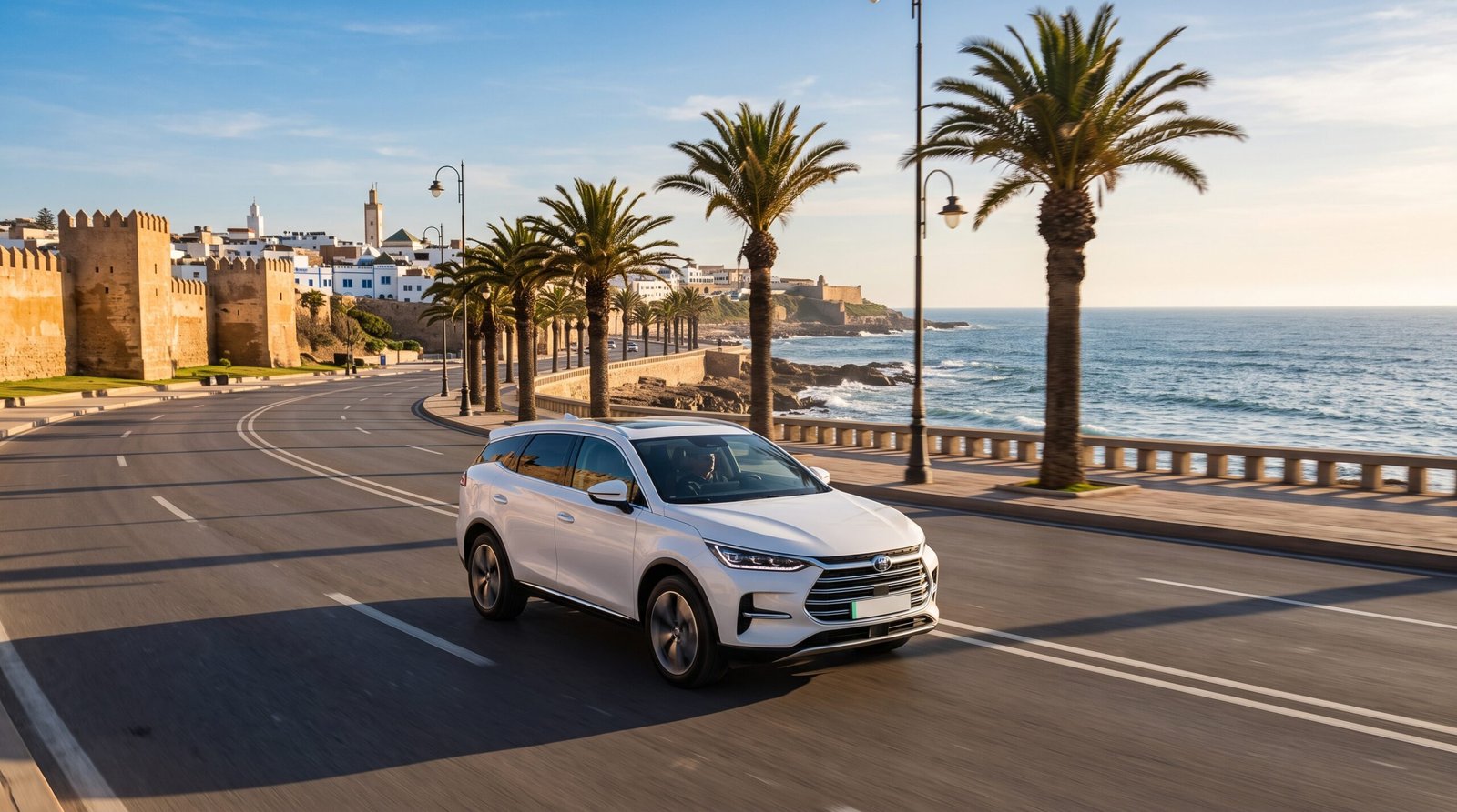 Location de voiture à Rabat : SUV blanc longeant la côte, les remparts de la Kasbah des Oudayas et les palmiers